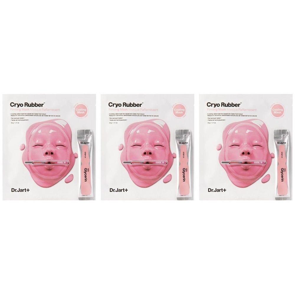 Drie verpakkingen met roze gezichtsmaskers en applicators. Opschrift: Cryo Rubber, Dr. Jart+.