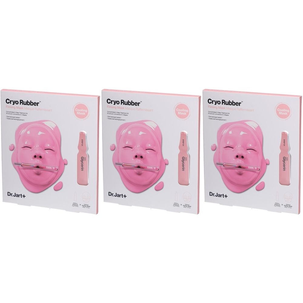 Drie verpakkingen met roze gezichtsmaskers en ampullen. Opschrift: Cryo Rubber, Dr. Jart+.