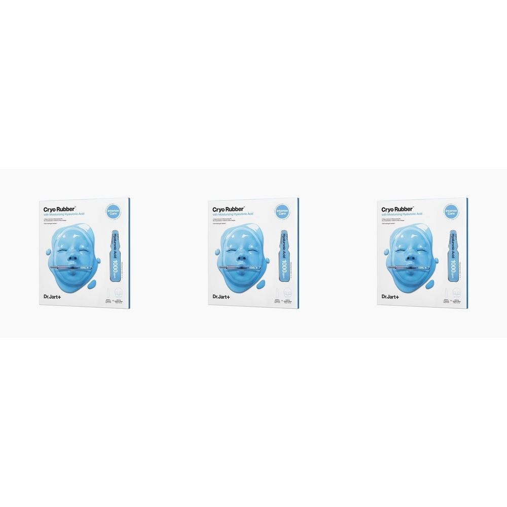 Drie productverpakkingen. Elke verpakking toont een blauw gezicht, een ampul en de tekst "Cryo Rubber".