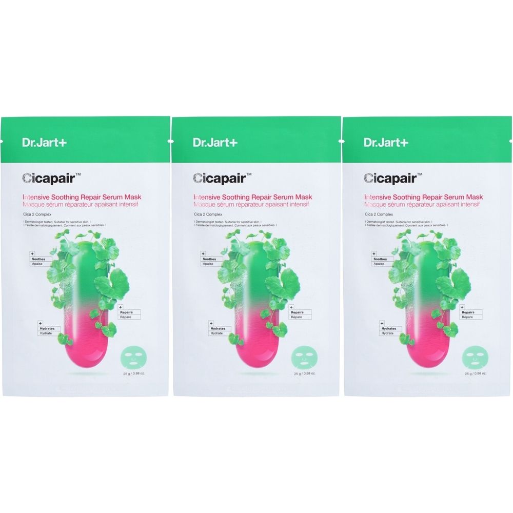 Drie verpakkingen Dr.Jart+ CICAPAIR™ serummasker. Groene en witte verpakking met productnaam en illustratie.