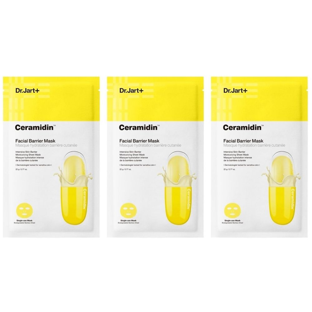 Trois masques Dr.Jart+ Ceramidin. Emballage jaune avec nom du produit et image de capsule. Masques individuels.
