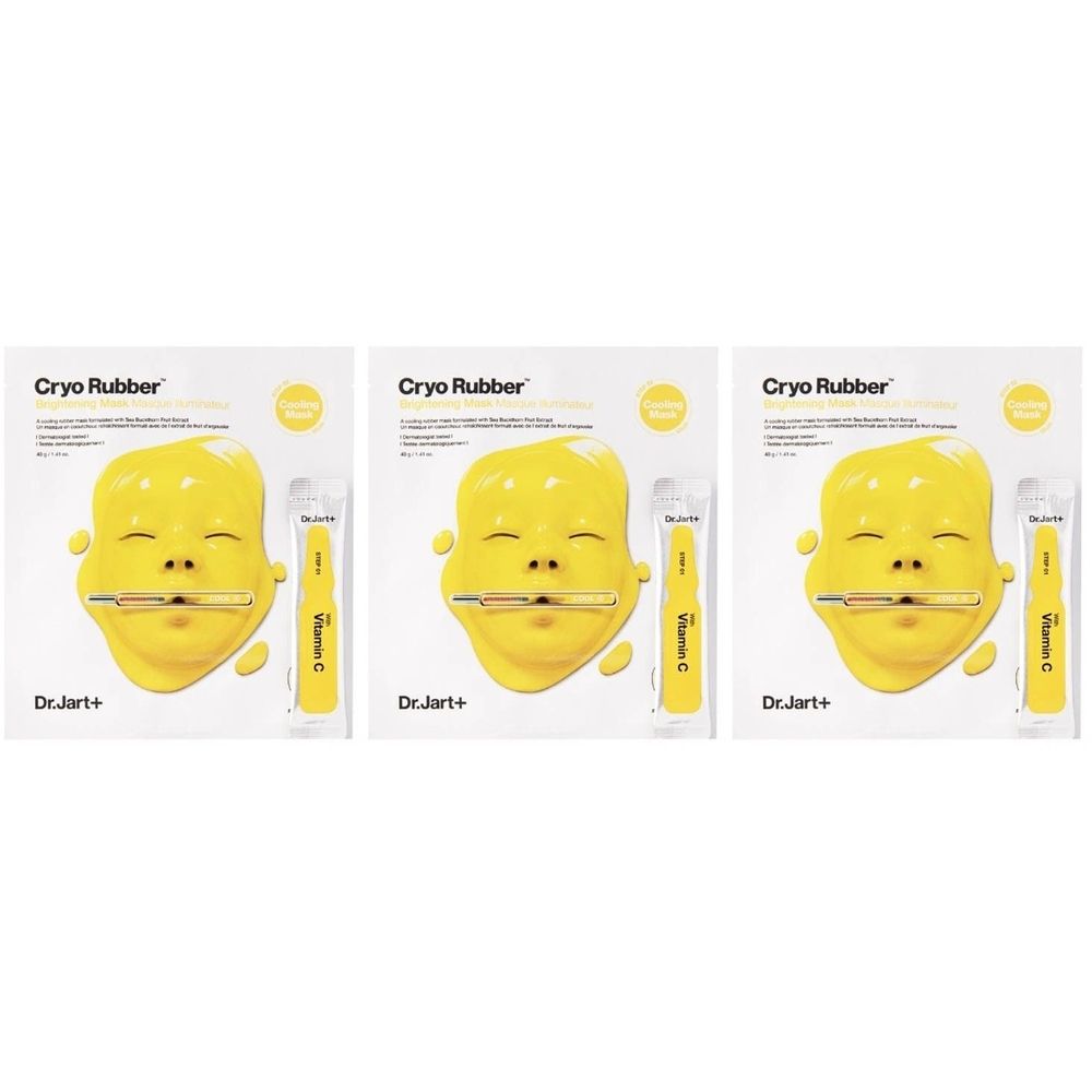 Drie verpakkingen DR.JART+ Kryo-Gummi - Maske Illuminateur. Geel masker, ampul, gele verpakking. Opschrift: Cryo Rubber, Vitamin C.