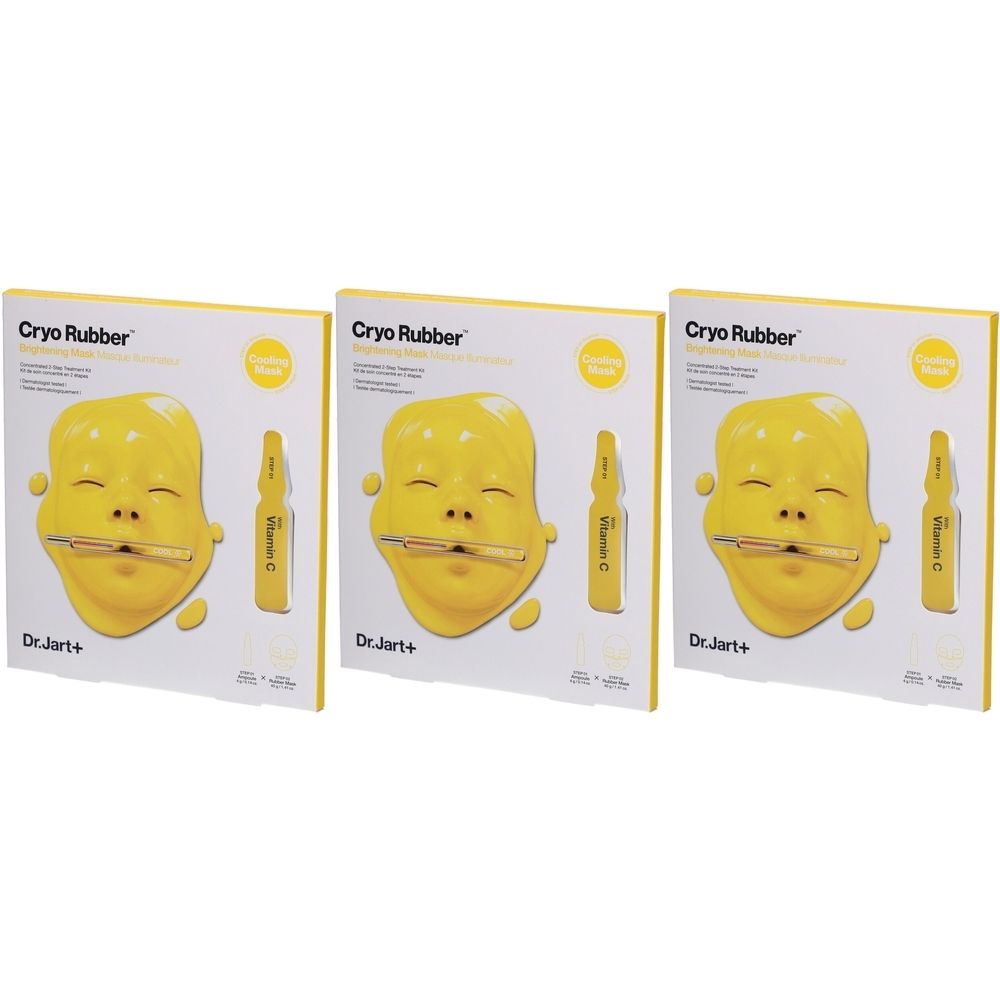 Drie verpakkingen DR.JART+ Kryo-Gummi - Maske Illuminateur. Geel masker, ampul, gele verpakking. Opschrift: Cryo Rubber, Vitamin C.
