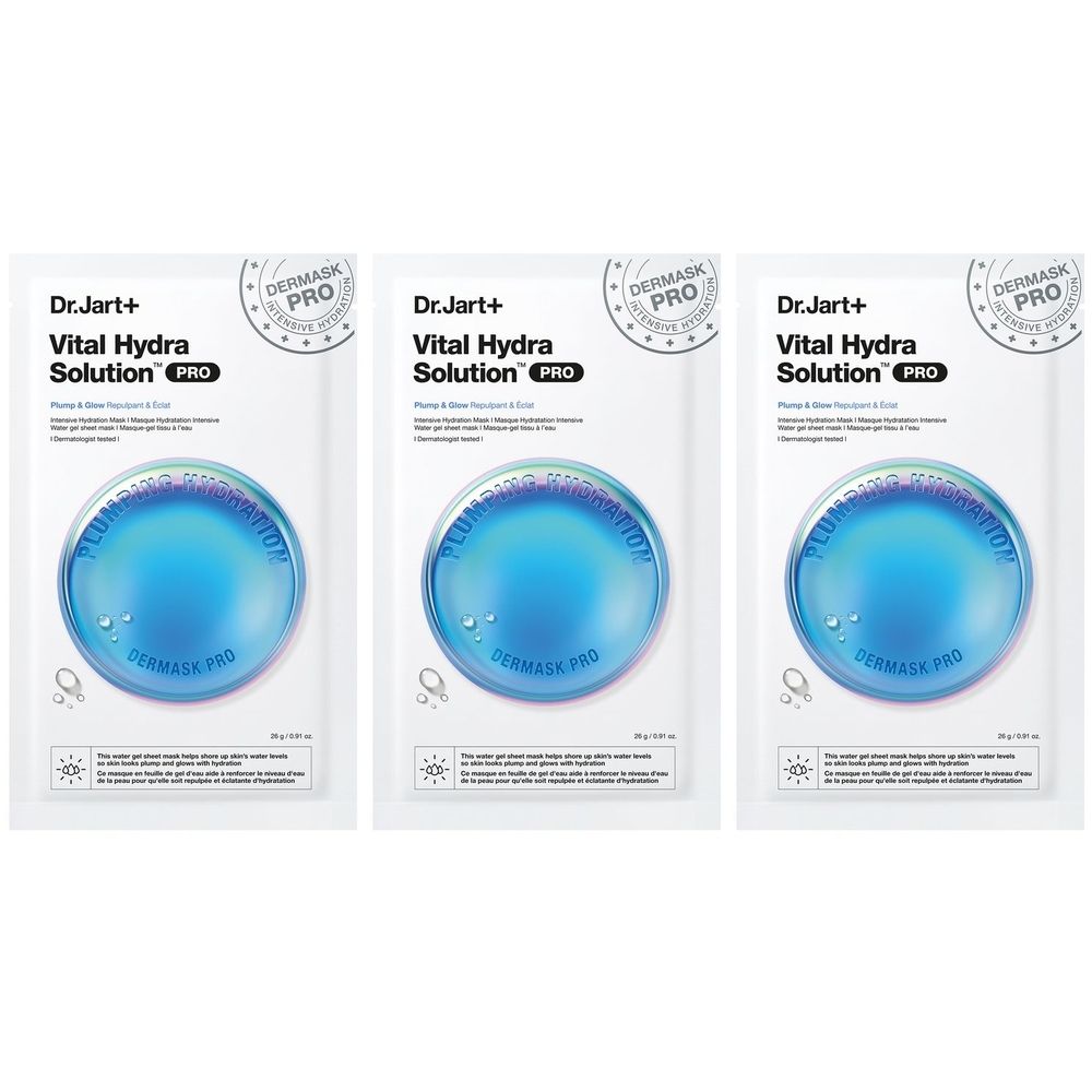 Drie individueel verpakte gezichtsmaskers. Op elke verpakking staat "Dr.Jart+ DERMASK™ Vital Hydra Solution Pro". Blauwe, ronde afbeelding.
