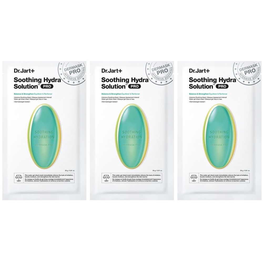 Drie verpakkingen Dr.Jart+ DERMASK™ Soothing Hydra Solution PRO. Witte verpakking met groen ovaal ontwerp en productnaam.