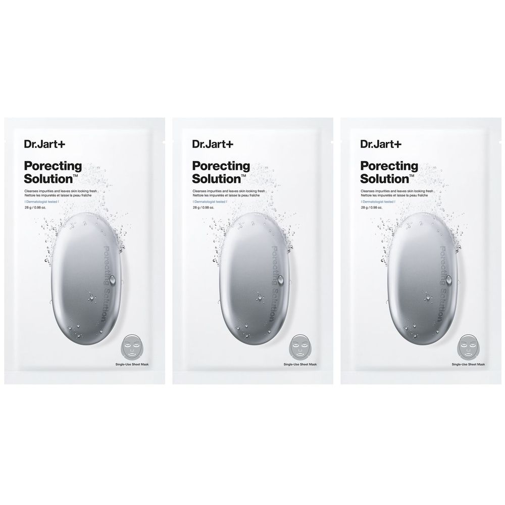 Trois sachets blancs de Dr.Jart+ Porecting Solution. Chaque sachet présente un design ovale argenté et le nom du produit.