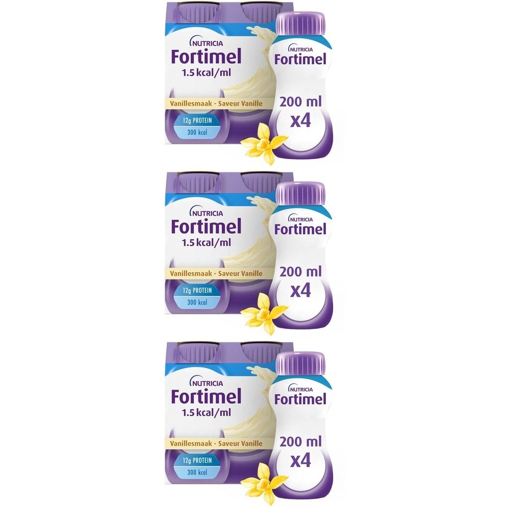Trois packs de Fortimel 1,5 kcal/ml, saveur vanille. Bouteilles de 200 ml, x4. Fleurs jaunes.