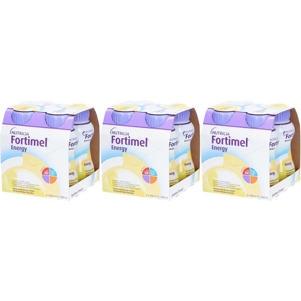 Trois présentations de Fortimel Energy. Chaque emballage contient quatre bouteilles. Inscription: Nutricia, Energy, Vanille.