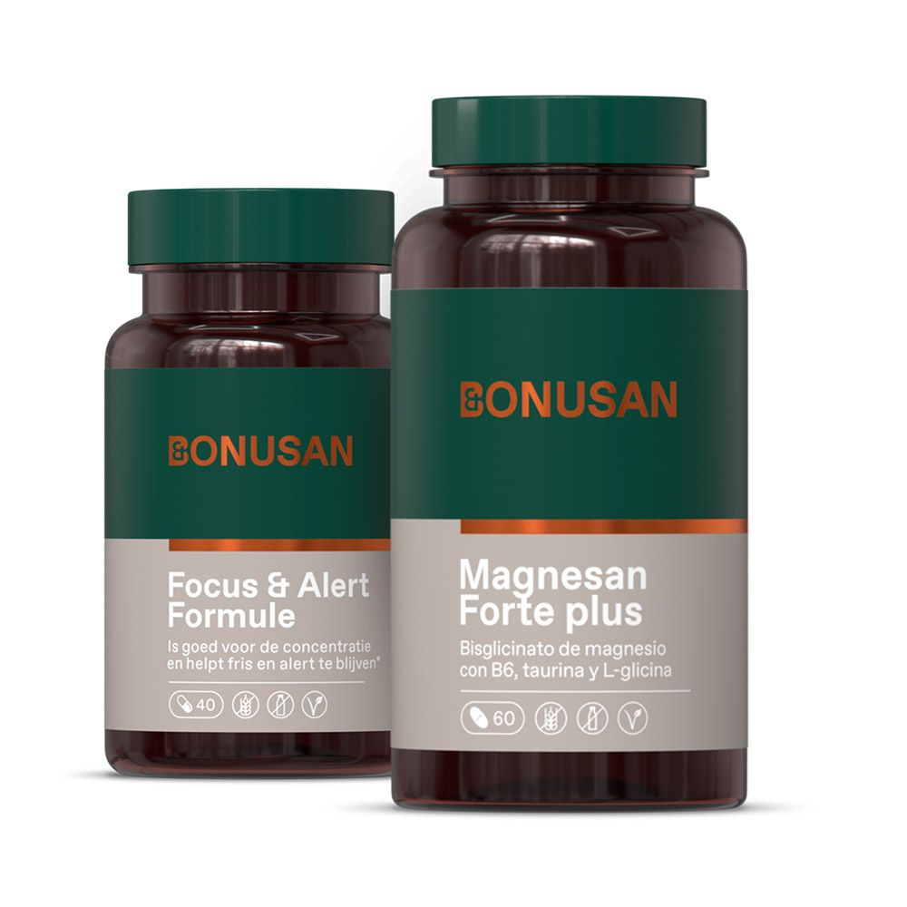 Twee Bonusan flessen. Eén met "Focus & Alert Formule", de andere met "Magnesan Forte plus". Beide hebben groene etiketten.