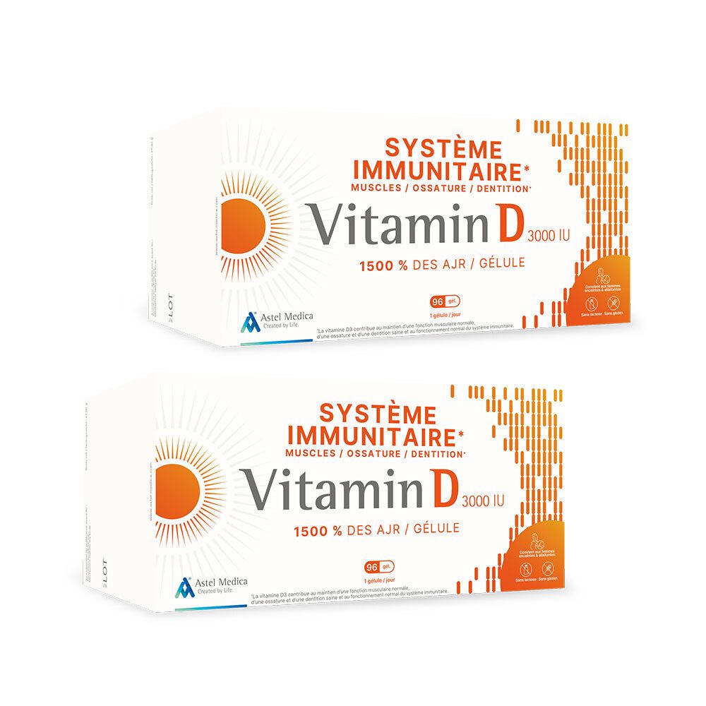 Deux boîtes de Astel Medica Vitamine D 3000 UI. Inscription: Système Immunitaire, 1500% des AJR, 90 gélules. Autocollant jaune: 1+1.
