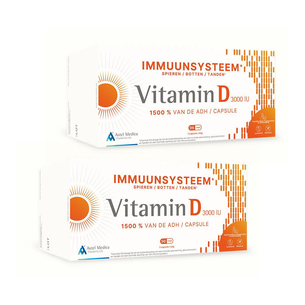 Twee dozen Astel Medica Vitamine D 3000 IE. Opschrift: Immuunsysteem, 1500% van de ADH, 90 capsules.