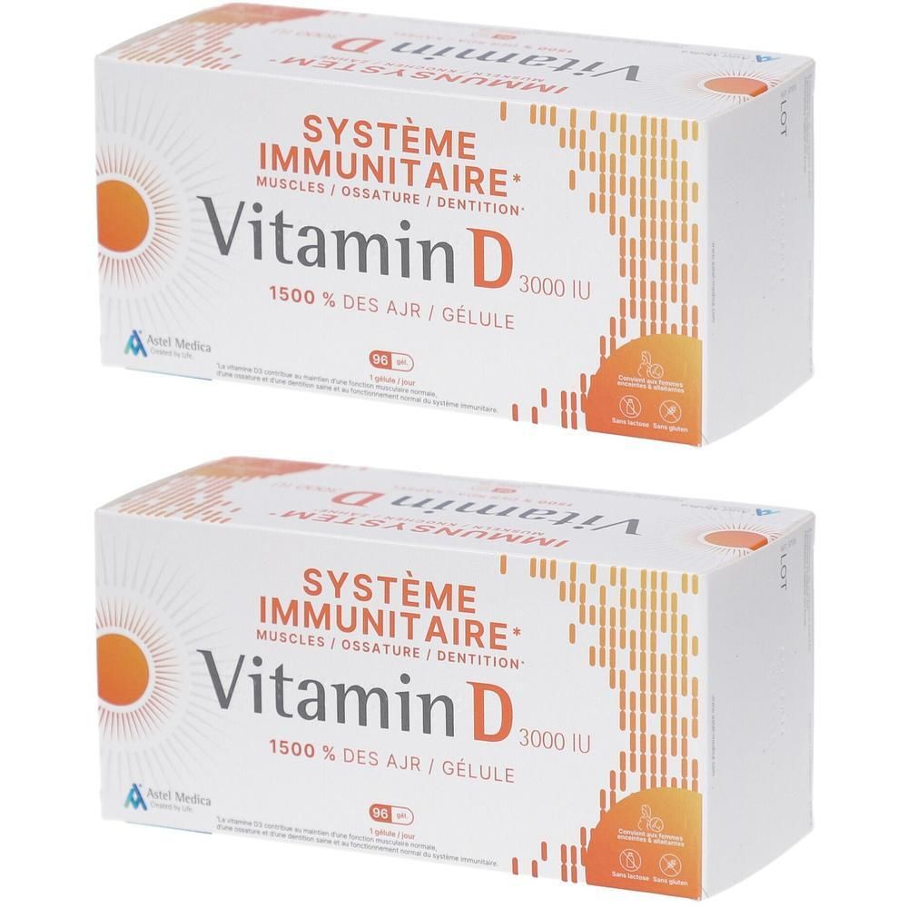 Twee dozen Astel Medica Vitamine D. Opschrift: Vitamine D 3000 IE, 1500% van de ADH. Bevat 90 capsules. Oranje zonlogo.