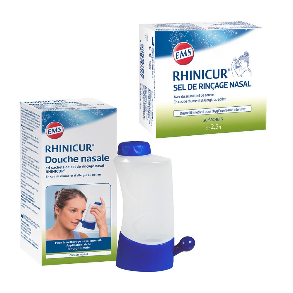 Boîtes Rhinicur Douche Nasale et Rhinicur Sel de Rinçage Nasal. Douche nasale et sachets de sel. Douche nasale bleue et blanche.