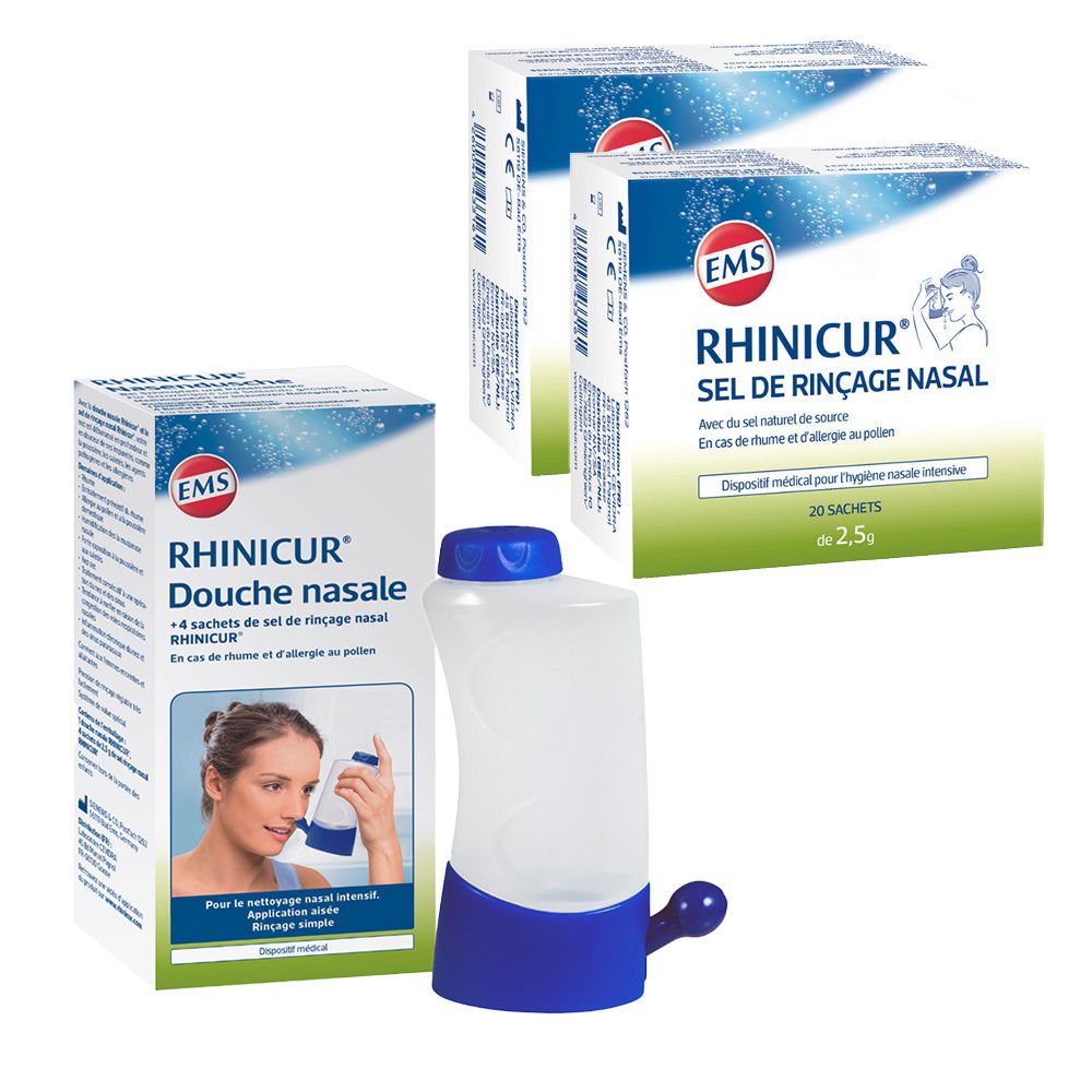 Douche nasale et paquets de sel de rinçage nasal. Douche nasale bleue et blanche. Emballages avec nom et logo.