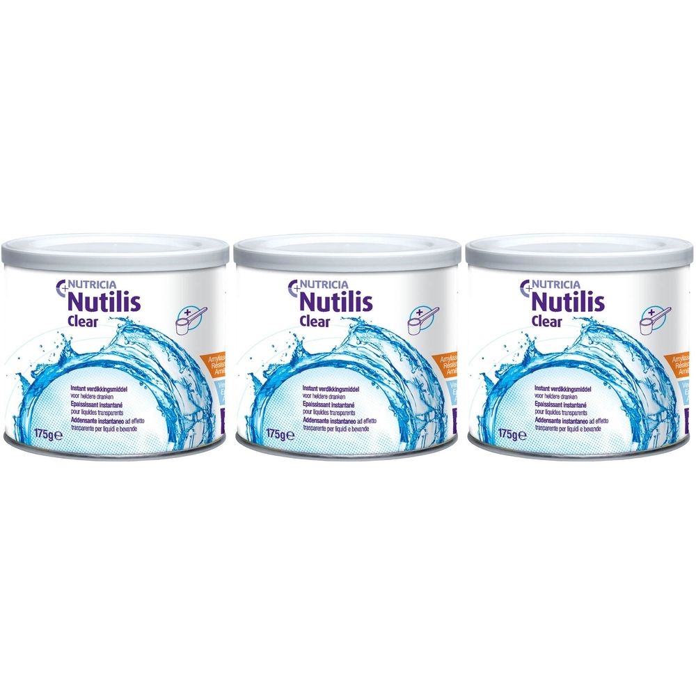 Drie blikken Nutilis Clear. Witte blikken met blauw waterdesign en productnaam. Opschrift: Nutricia Nutilis Clear, 175g.