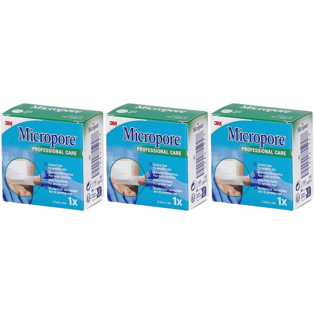 Drie dozen 3M Micropore, groen-wit. Opschrift: Micropore, PROFESSIONAL CARE. 1x. Illustratie: toepassing.