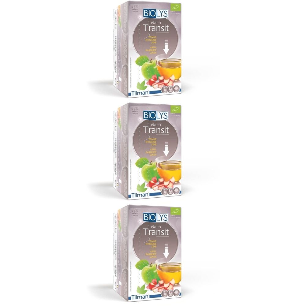 Trois boîtes de produit "Transit" de la marque "BIOLYS". Chaque boîte présente une illustration de fruits et de thé.