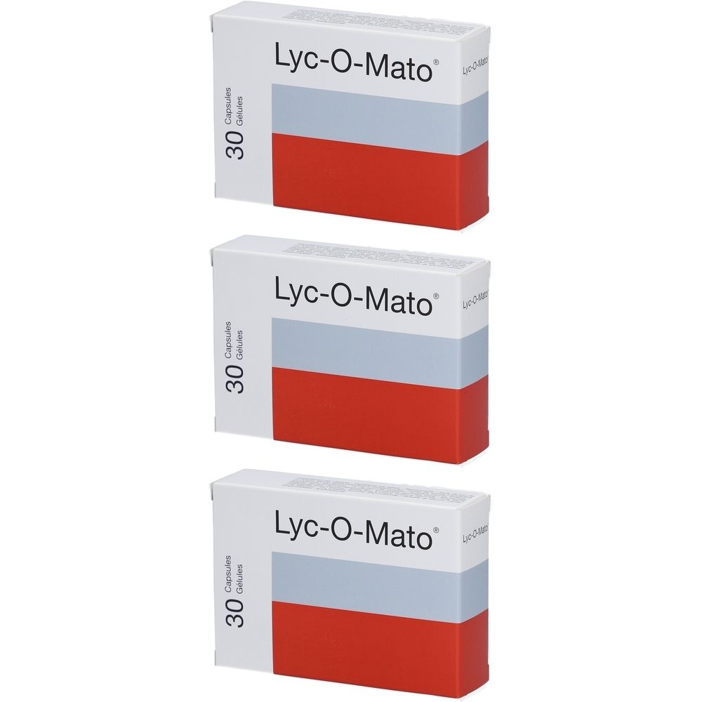Trois boîtes avec l'inscription "Lyc-O-Mato". Chaque boîte a une section rouge, grise et blanche et l'inscription "30 Capsules".