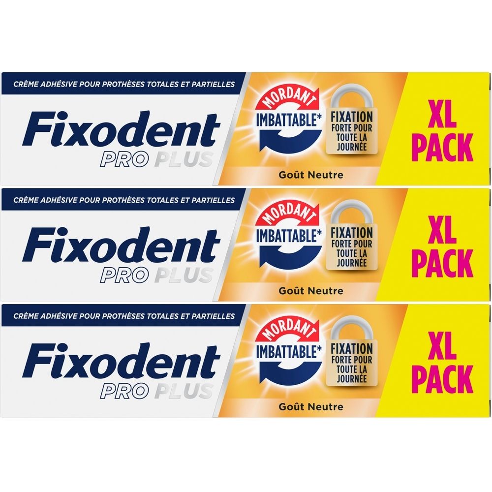 Trois tubes de Fixodent Pro Plus. Tubes blancs avec texte bleu et jaune. Pack XL.