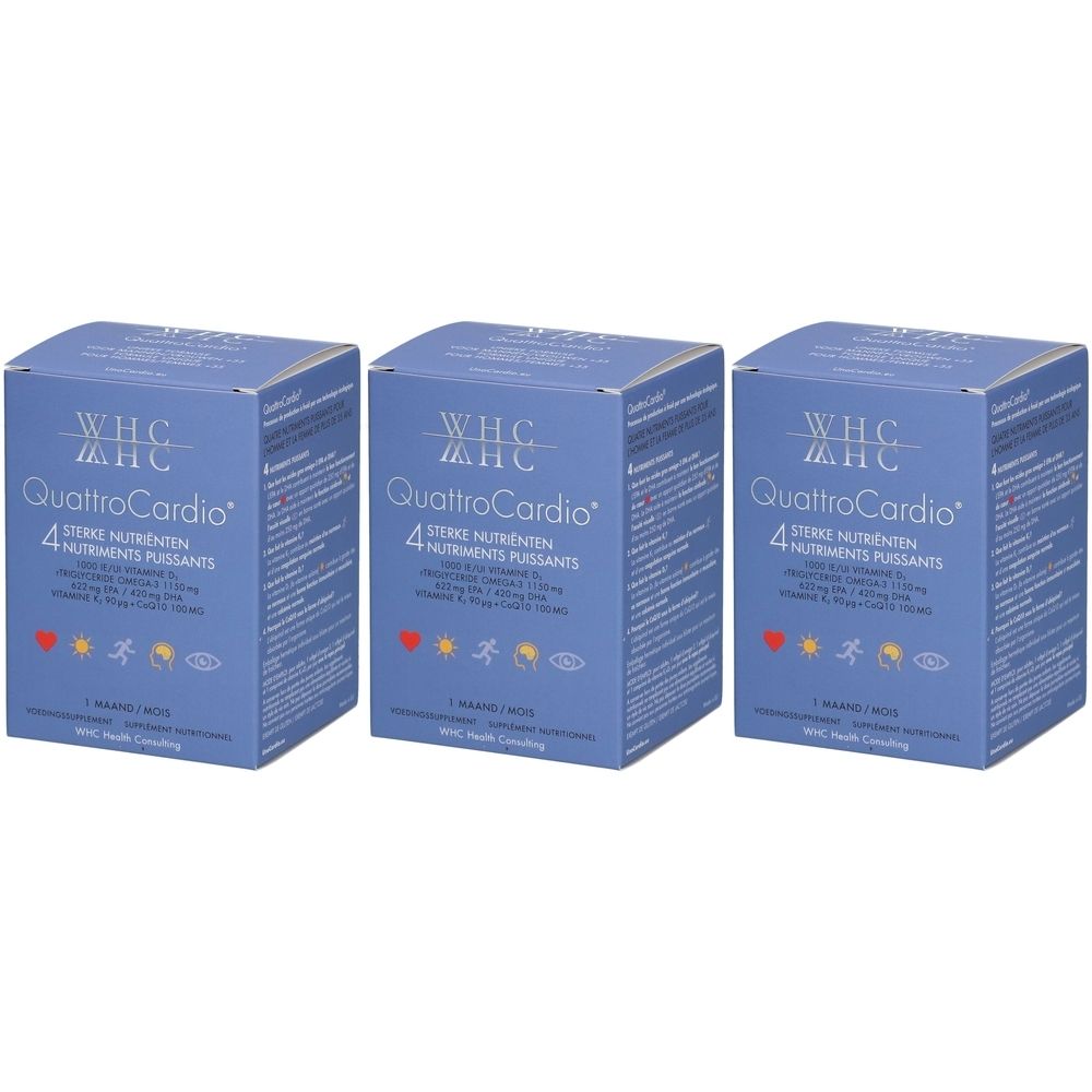 Trois boîtes bleues avec l'inscription "WHC QuattroCardio". Les boîtes affichent des informations sur les ingrédients et des logos.