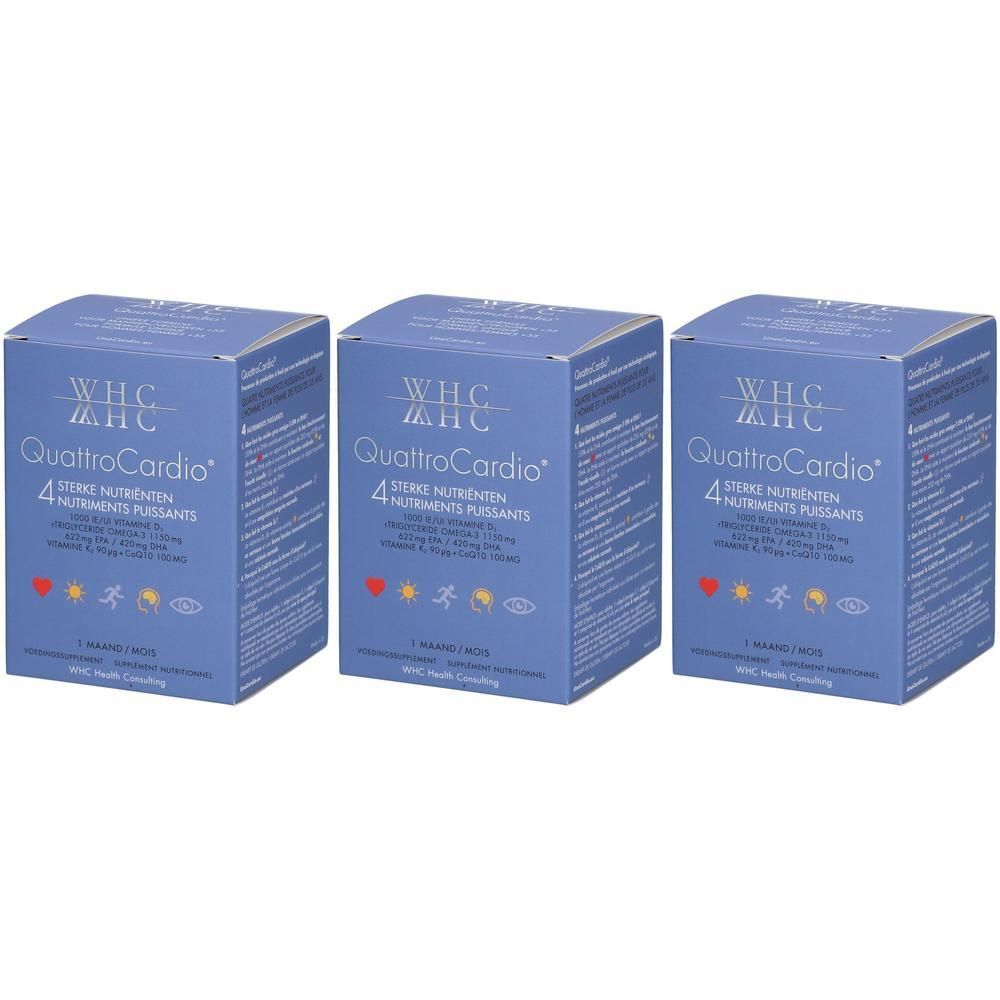 Drie blauwe dozen met "WHC QuattroCardio". Opschriften met voedingsinformatie en logo's.