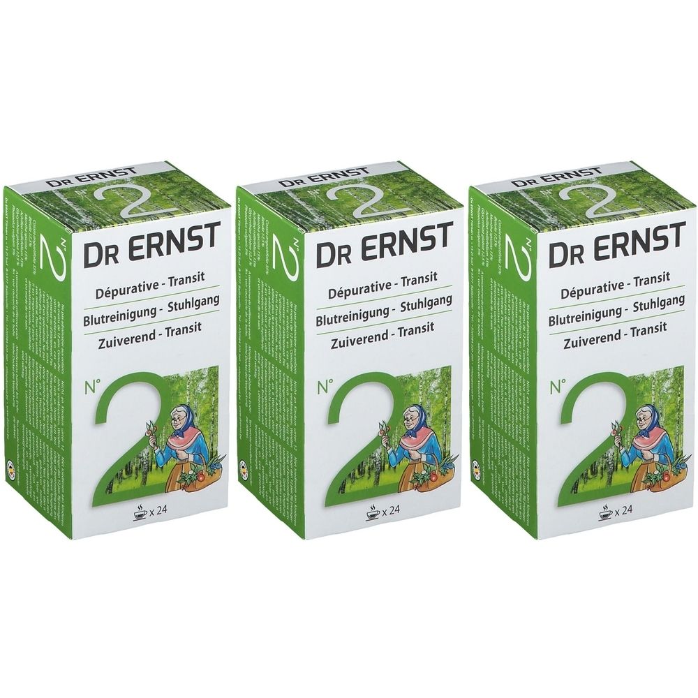 Trois boîtes vertes avec texte blanc. Chaque boîte affiche « Dr Ernst » et « 2 ». Texte en allemand, français et néerlandais.