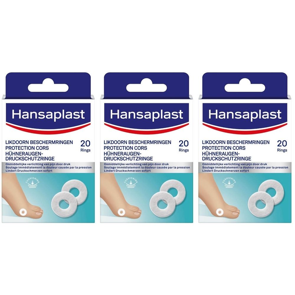 Drie verpakkingen Hansaplast. Op elke verpakking: productnaam, 20 ringen, voet met ring. Blauw en witte verpakking.