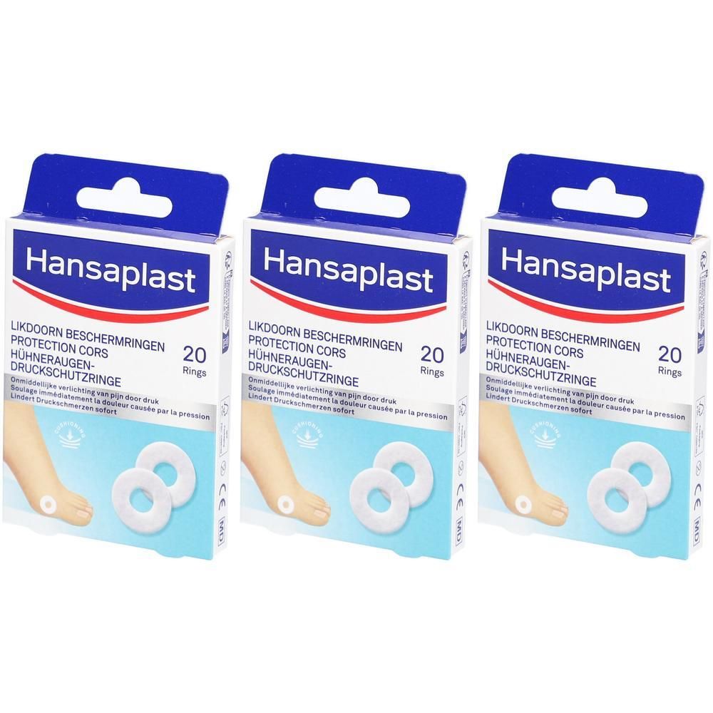 Drie dozen Hansaplast Cors Protections. Elke doos bevat 20 ringen. Opschrift: Beschermringen voor likdoorns.