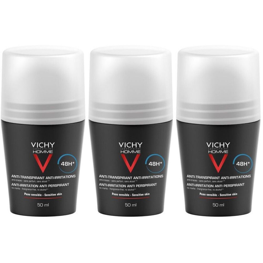 Drie deodorantrollers. Zwarte flacons met witte dop. Opschrift: VICHY HOMME, 48H, Anti-irritaties, 50 ml.