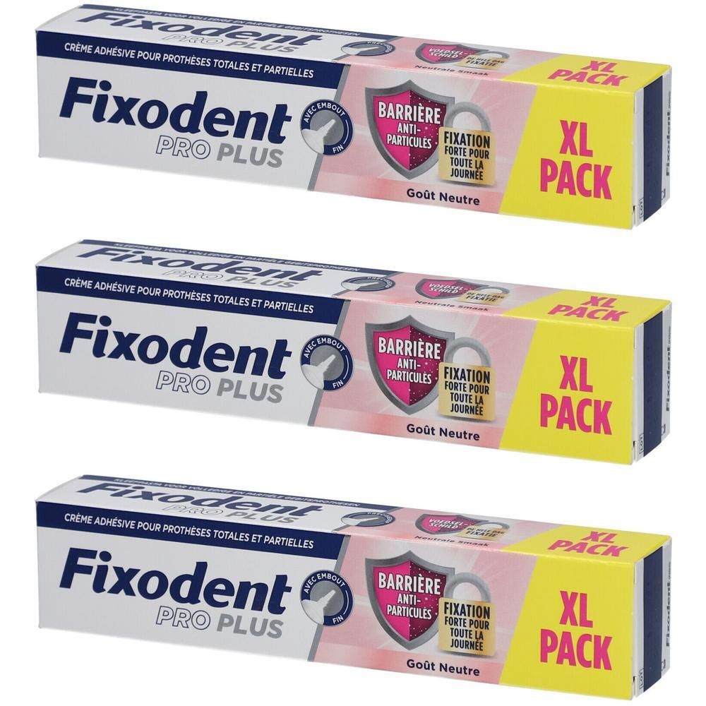 Trois tubes de Fixodent Pro Plus. Tubes blancs avec texte bleu et jaune. Inscription: Barrière Anti-Particules, XL Pack.