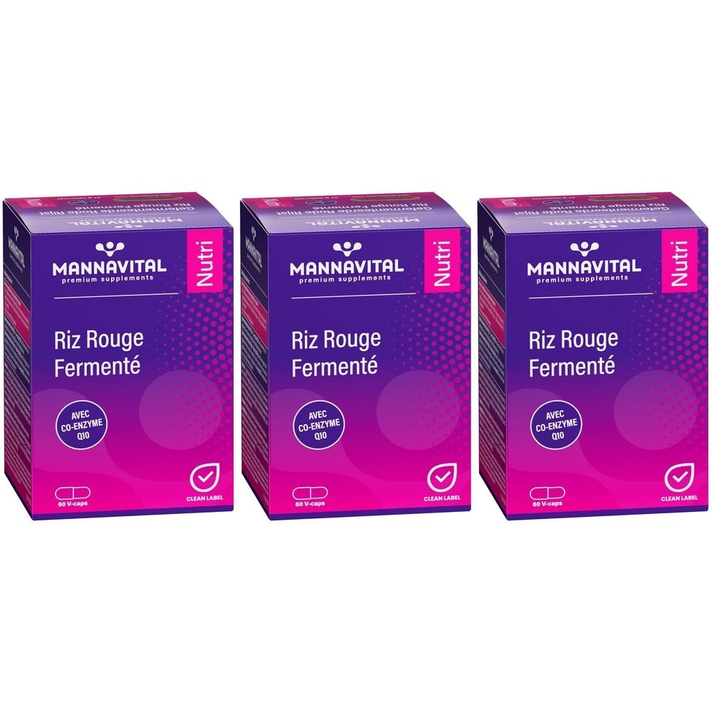 Trois boîtes de riz rouge fermenté. Emballage violet avec texte: Riz Rouge Fermenté, avec Co-Enzyme Q10, Vegan Label.