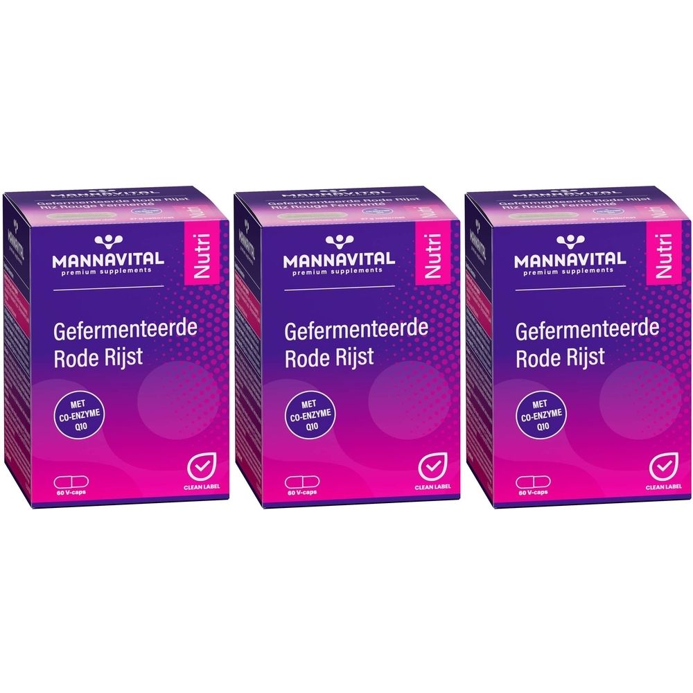 Drie dozen gefermenteerde rode rijst. Paarse verpakking met tekst: Gefermenteerde Rode Rijst, met Co-Enzyme Q10, Vegan Label.