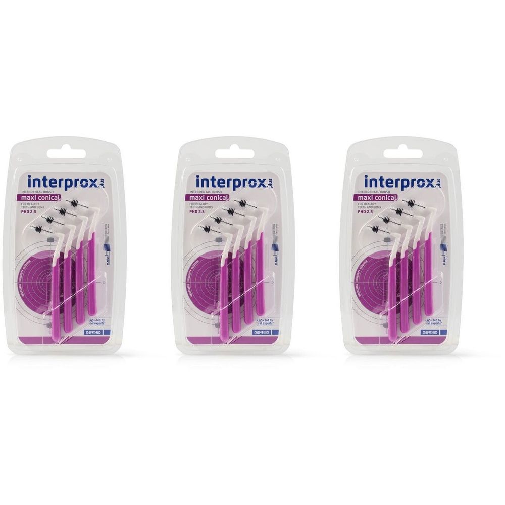 Trois emballages de brossettes Interprox® Plus Maxi Conical violettes. Chaque emballage contient plusieurs brosses dans un blister transparent.