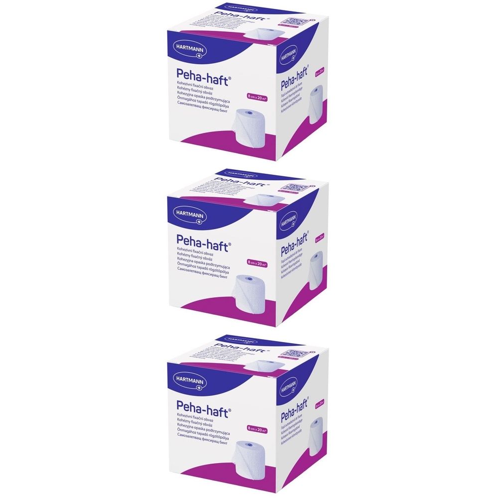 Trois boîtes de bandage médical. Inscription : Peha-haft, Hartmann. Matériau de bandage blanc visible dans les boîtes.