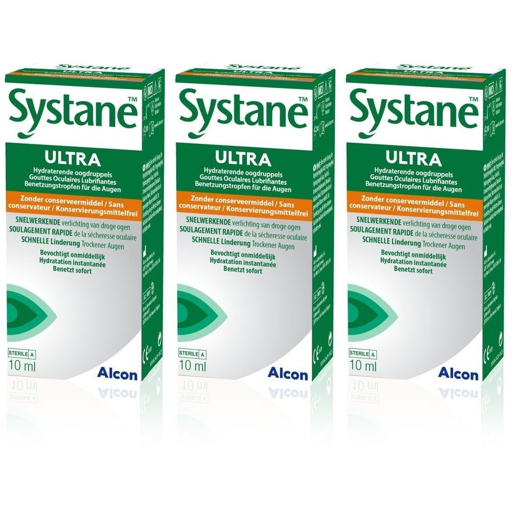 Trois boîtes de Systane Ultra. Inscription: gouttes oculaires hydratantes, sans conservateur. Logo Alcon. 10 ml.
