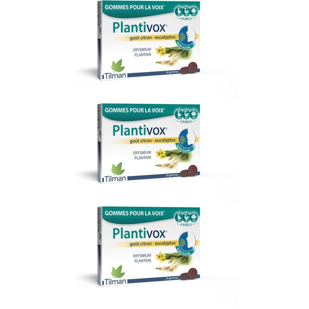 Drie dozen Plantivox®-gummies. Opschrift: Gommetjes voor de stem, citroen-eucalyptus smaak, Erysinum, Wegbree. Merk: Tilman.