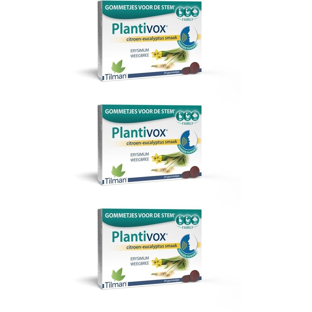 Drie dozen Plantivox®-gummies. Opschrift: Gommetjes voor de stem, citroen-eucalyptus smaak, Erysinum, Wegbree. Merk: Tilman.