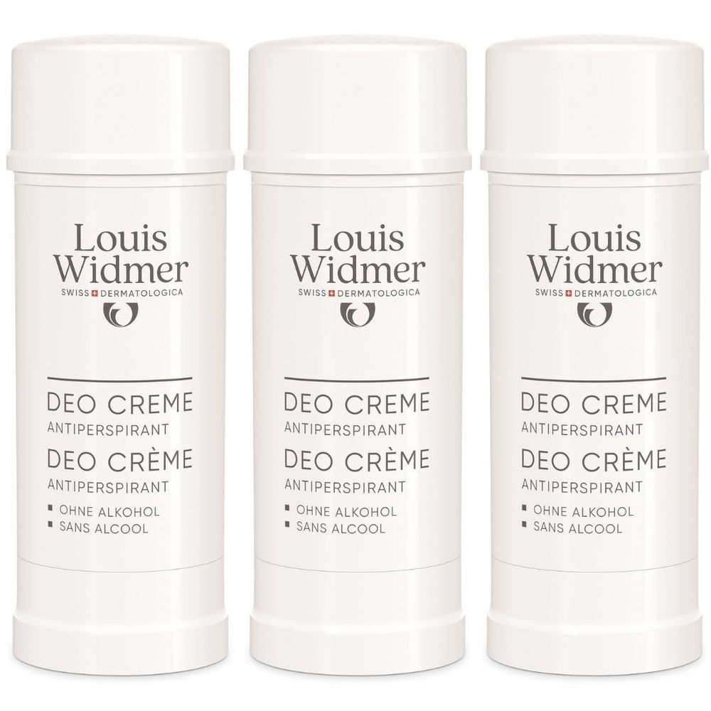 Trois tubes blancs de crème déodorante. Inscription: Louis Widmer, Deo Crème Antitranspirant, sans alcool.