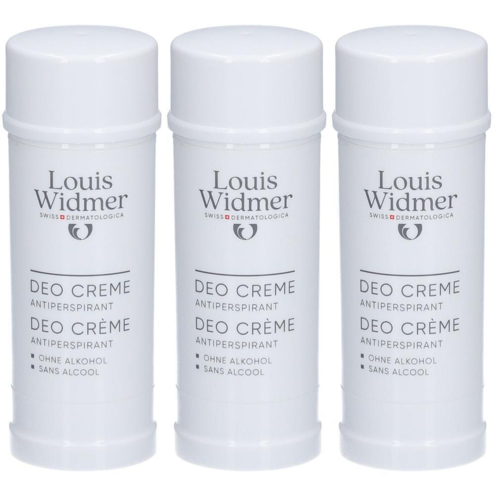 Drie witte deodorantcrèmestiften van Louis Widmer. Opschrift: Deo Crème Antitranspirant, zonder alcohol.