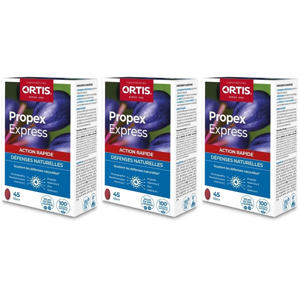 Trois boîtes Ortis® Propex Express. Inscription : Propex Express, Action Rapide, Défenses naturelles. 45 comprimés, Vitamine C.