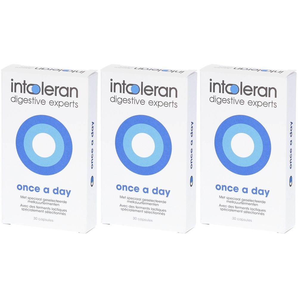 Drie witte dozen met blauw cirkelontwerp. Op elke doos staat "intoleran digestive experts" en "once a day".