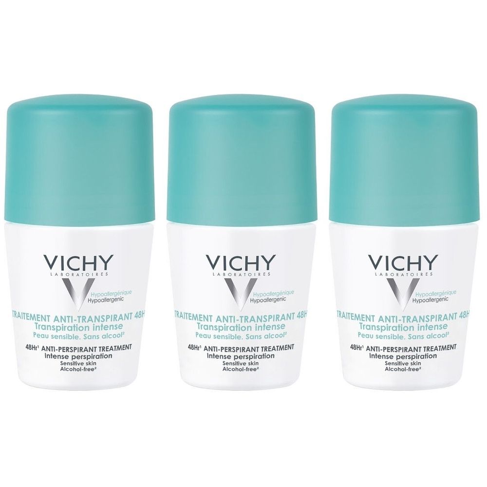 Trois déodorants roll-on avec bouchons turquoise. Inscription : VICHY, Anti-Transpirant, pour peaux sensibles. Sans alcool.