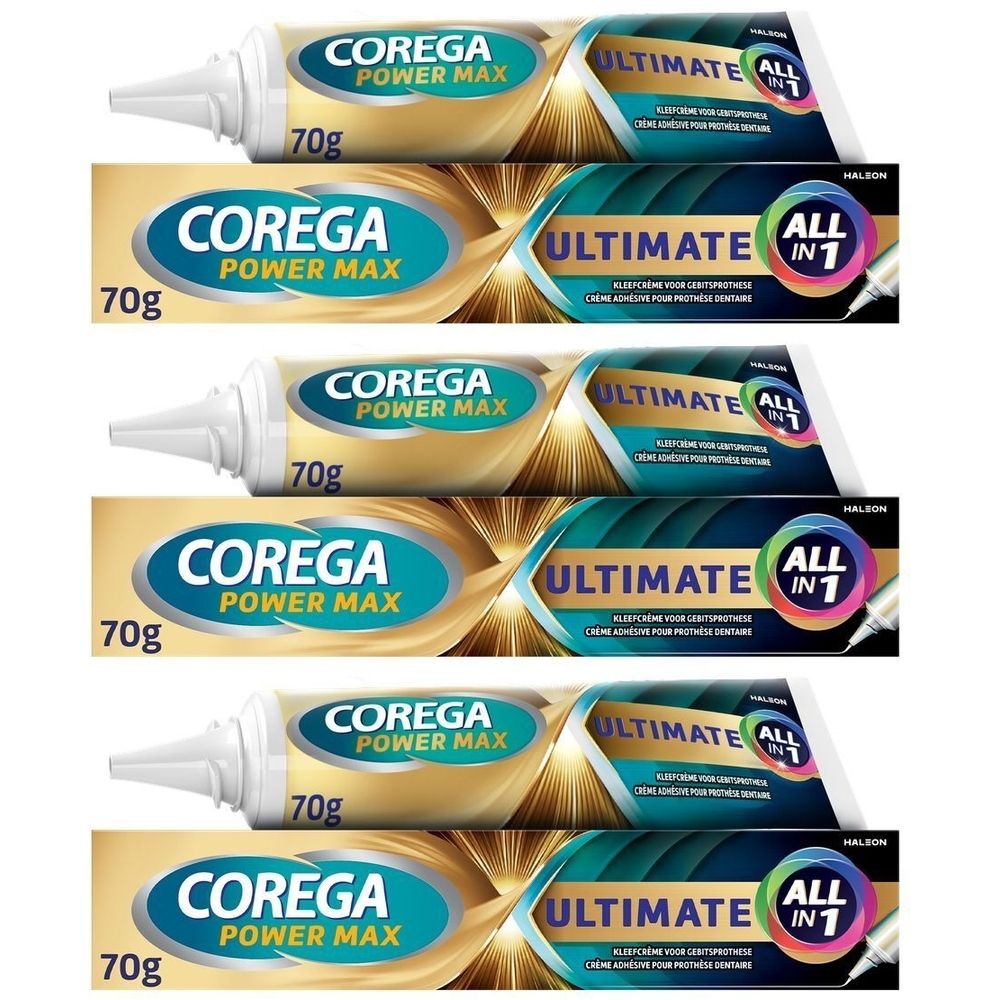 Plusieurs tubes Corega Power Max Ultimate All-in-1. Inscription: 70g. Tubes blancs avec texte bleu et doré.
