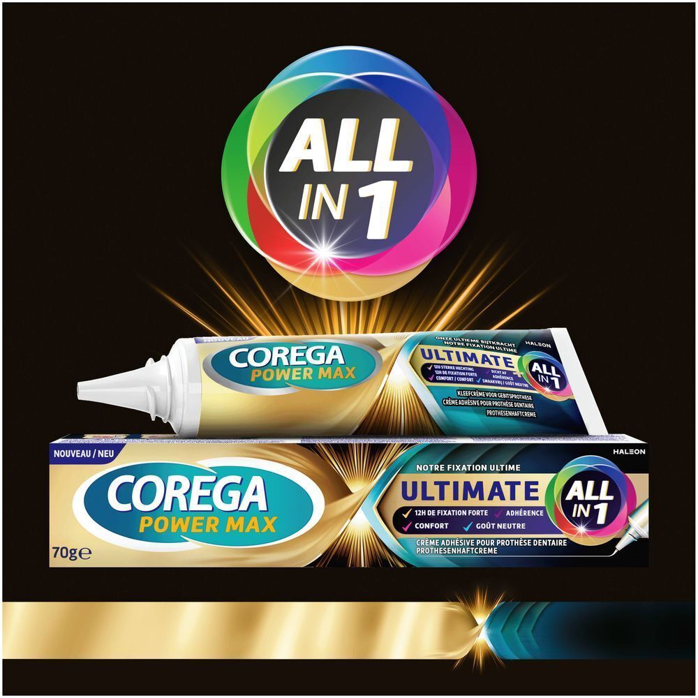 Tubes de crème adhésive Corega Power Max Ultimate All-in-1, 70g. Deux tubes.