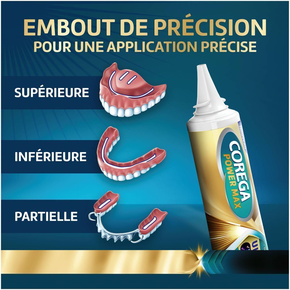Prothèses dentaires et tube Corega Ultimate All-in-1. Texte : "EMBOUT DE PRÉCISION".