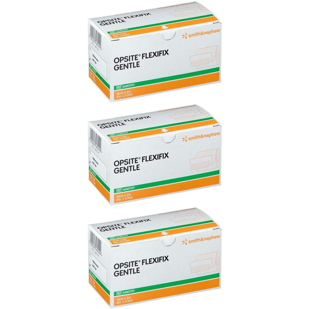 Trois boîtes OPSITE FLEXIFIX GENTLE. Blanches avec accents verts et oranges. Logo Smith & Nephew. Informations produit.