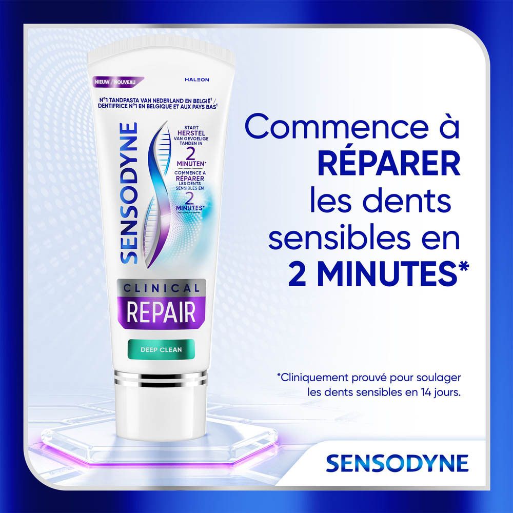 Tube de dentifrice Sensodyne Clinical Repair Deep Clean. Texte: Commence à réparer les dents sensibles en 2 minutes.