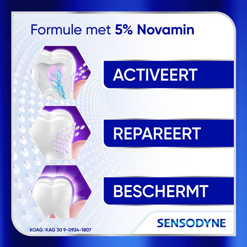 Grafiek met drie tanden. Tekst: Activeert, Repareert, Beschermt. Tekst: Formule met 5% Novamin. Sensodyne logo.