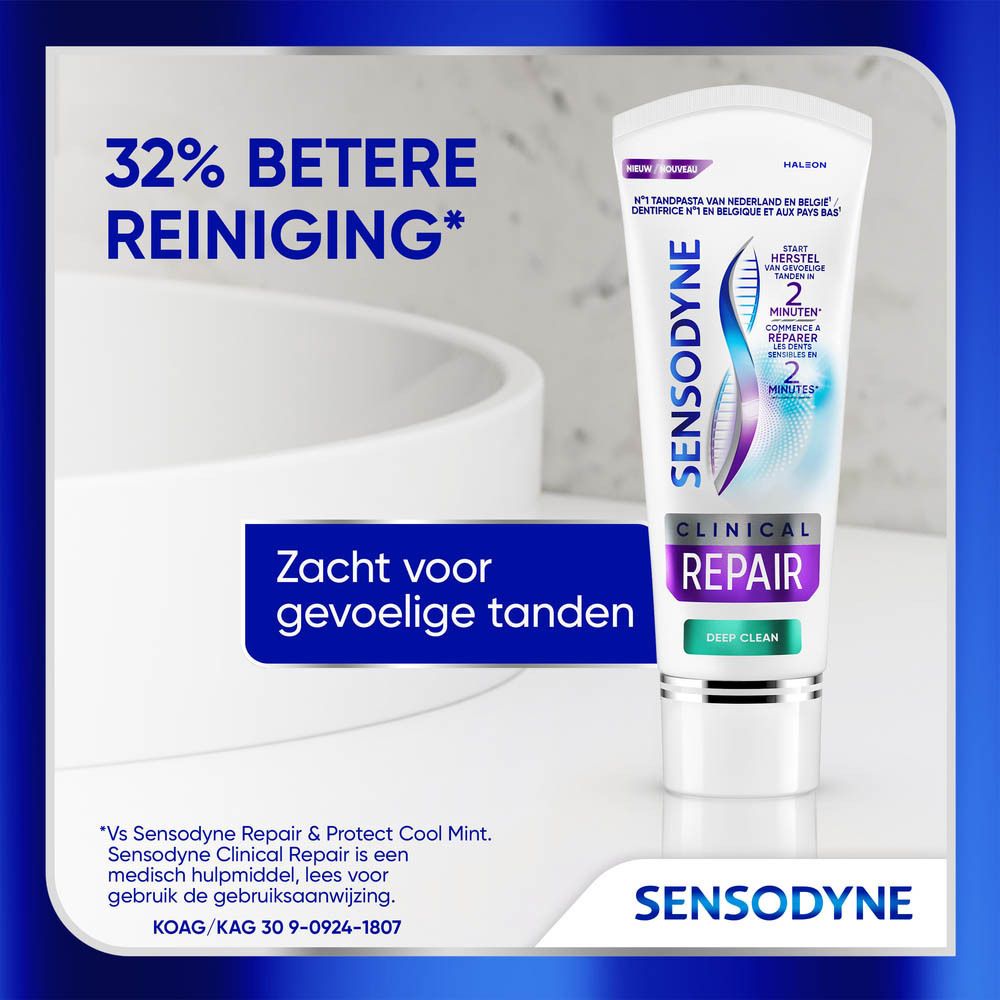 Tube Sensodyne Clinical Repair Deep Clean tandpasta. Tekst: 32% betere reiniging. Zacht voor gevoelige tanden.