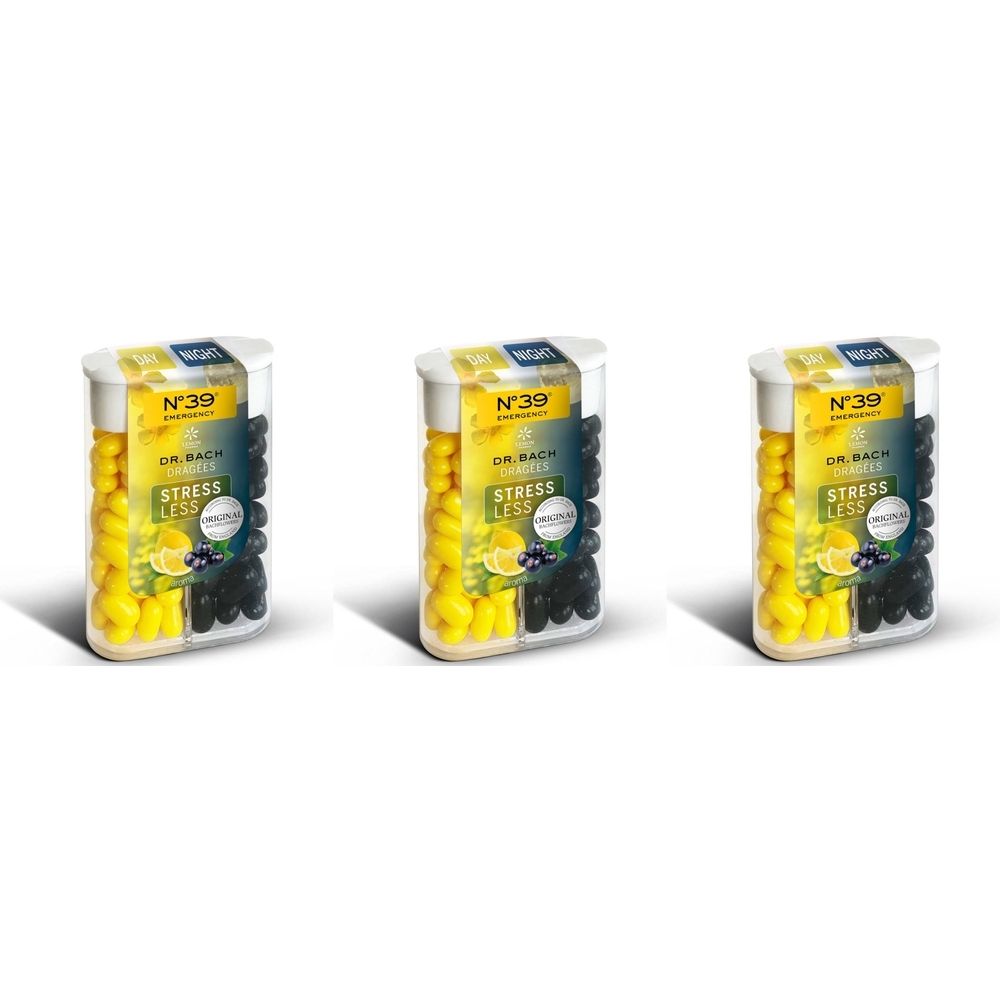 Trois boîtes de pastilles jaunes et noires. Inscription : N°39, DR. BACH, STRESS LESS.
